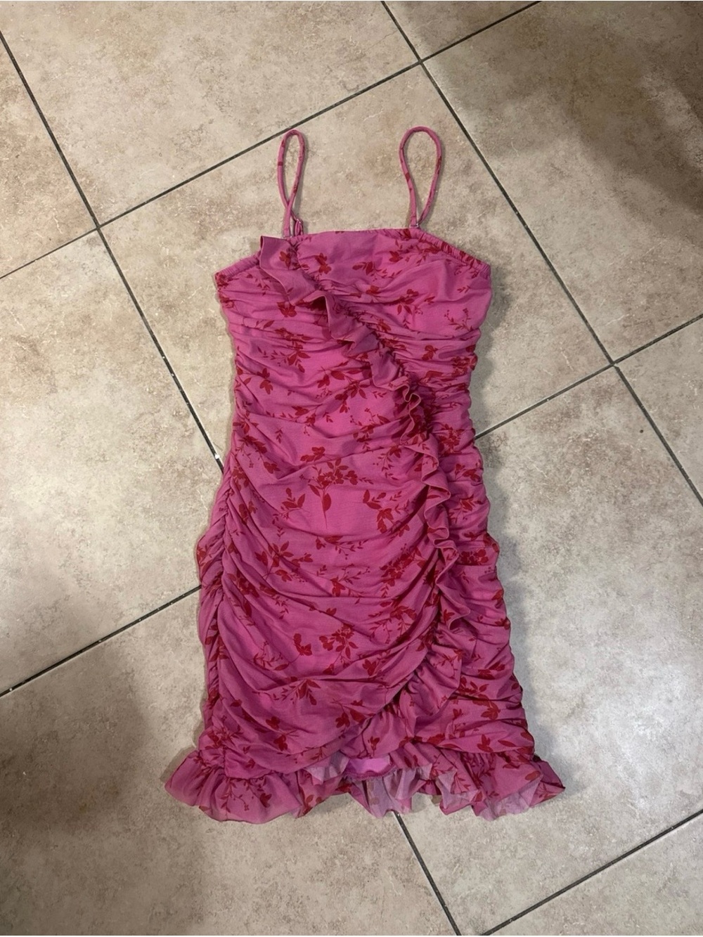 wild fable Pink Ruched Floral Spaghetti-Strap Dress